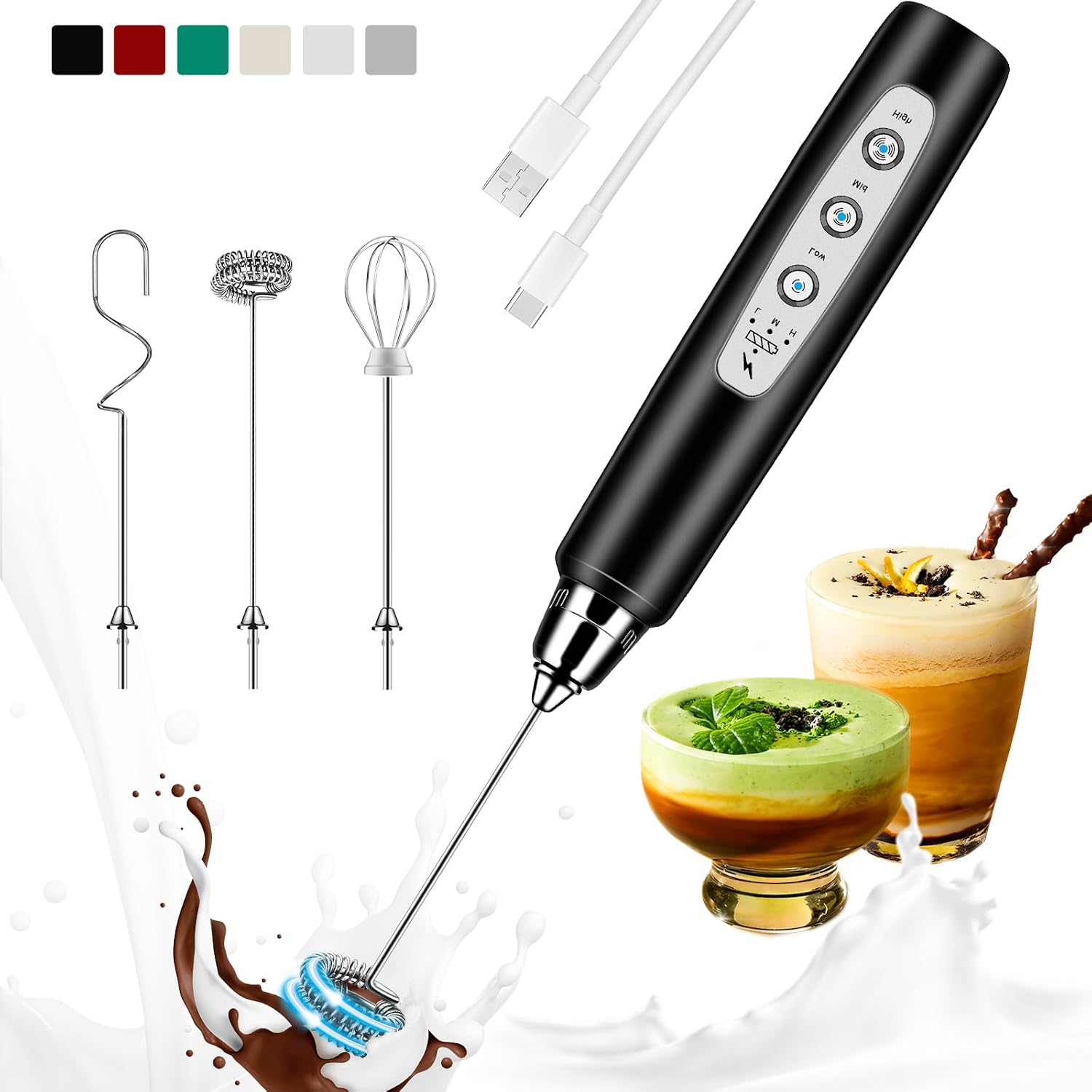 Milk Frother - Wiederaufladbarer Milchaufschäumer, Handgerät, 3 Geschwindigkeitsstufen, Elektrischer