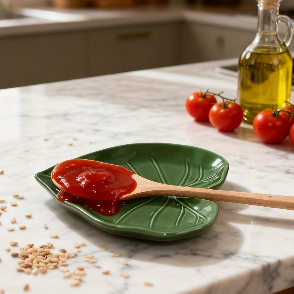 Kitchen Gadgets Green - Küchenhelfer: Keramik-Löffelhalter in Blattform, Hitzebeständiger Grüner