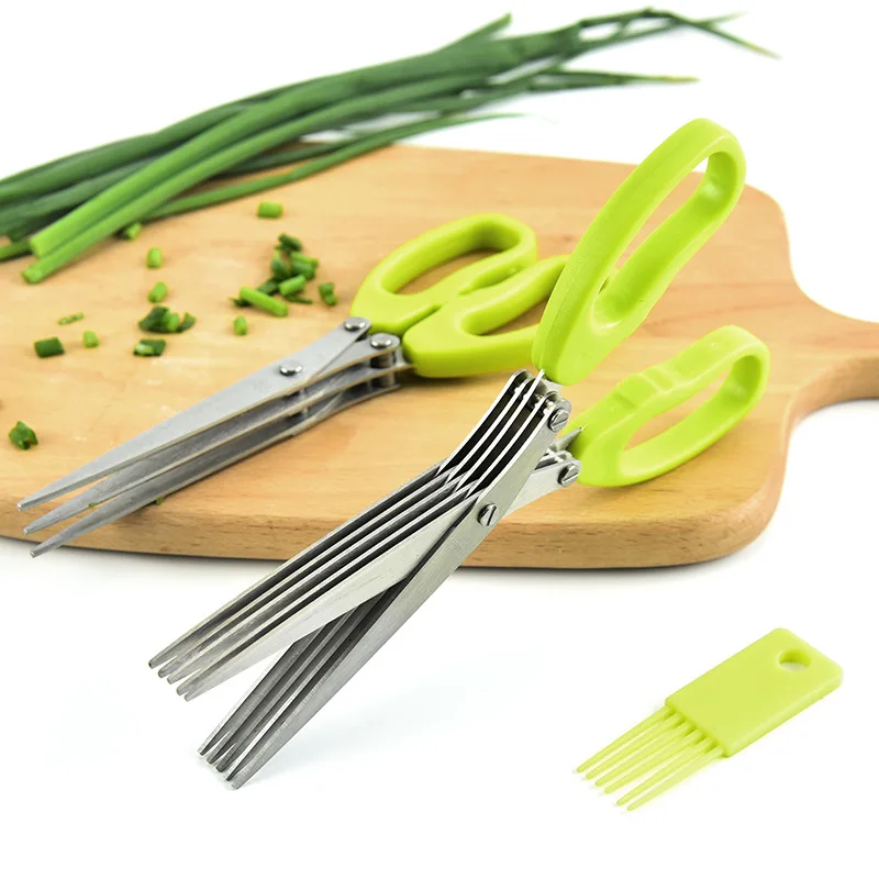 Kitchen Gadgets Green - Multifunktionale dreischichtige/fünfschichtige grüne Zwiebelschere aus Edelstahl