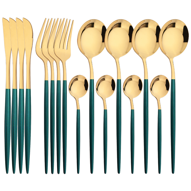 Kitchen Gadgets Green - 16Pcs Grün Gold Geschirr Edelstahl Besteck